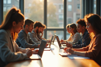 Groupe d'étudiants à la bibliothèque universitaire