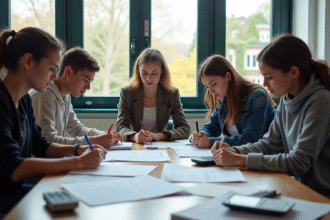 Jeunes adultes en classe avec livres et circuits pour une demande d admission