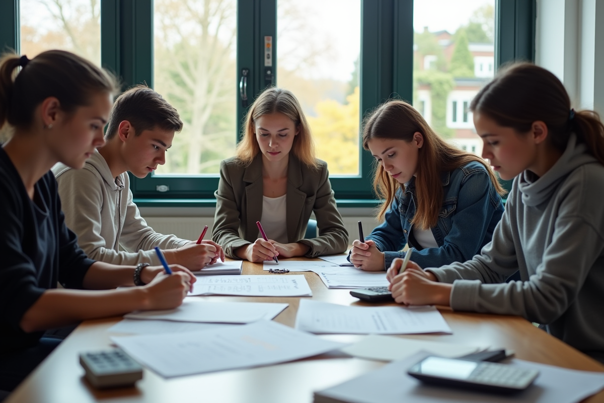 Jeunes adultes en classe avec livres et circuits pour une demande d admission