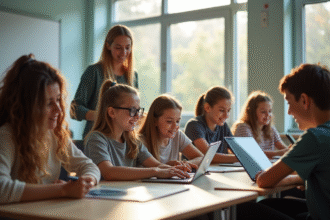 Groupe d'étudiants divers dans une salle moderne à Lille
