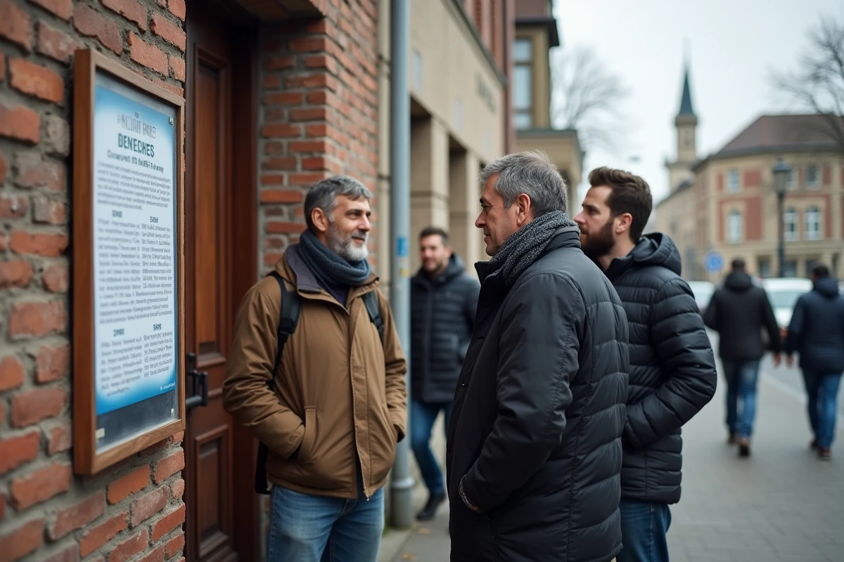 Groupe d'hommes consultant le tableau des horaires de prière affiché à l'entrée d'une mosquée au Blanc-Mesnil