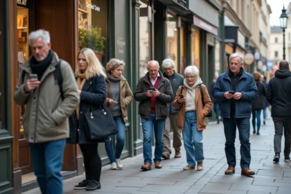 Groupe de jeunes et seniors devant une boutique fermée en ville