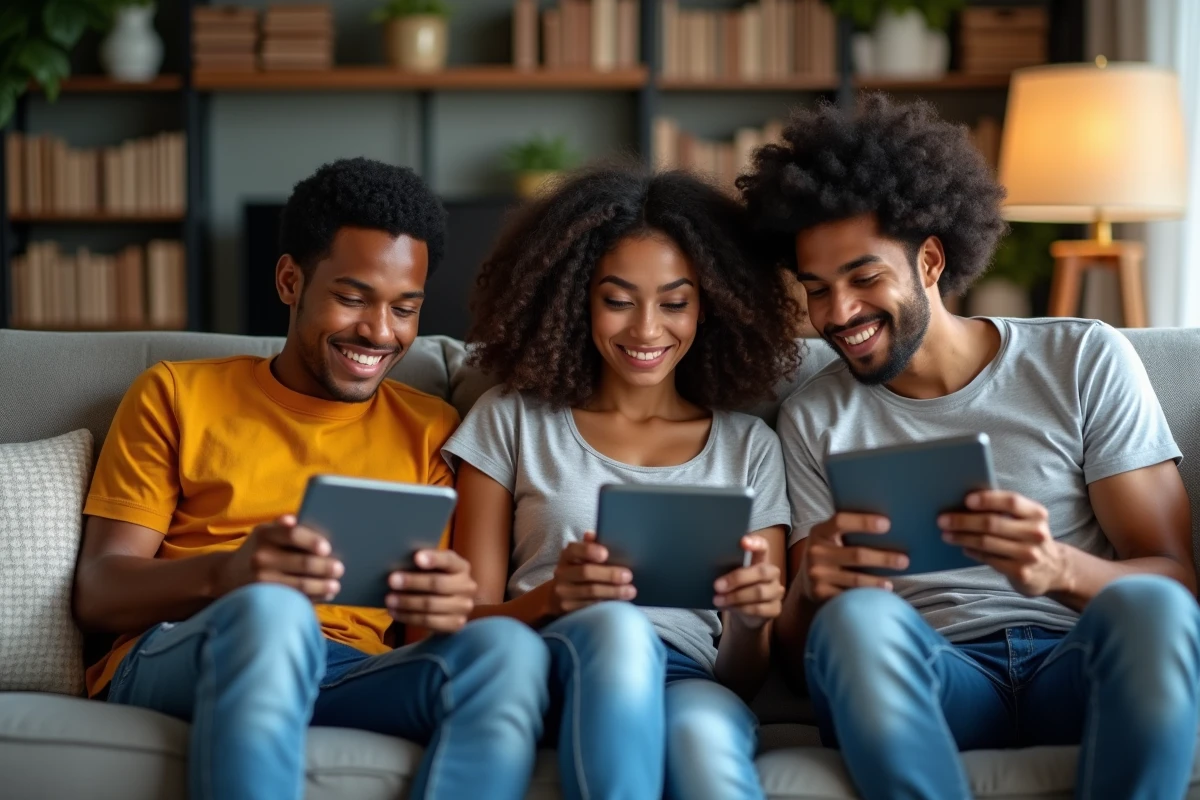 Groupe de jeunes adultes lisant des webtoons dans un salon convivial