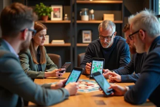 Groupe d'adultes jouant à Monopoly autour d'une table moderne