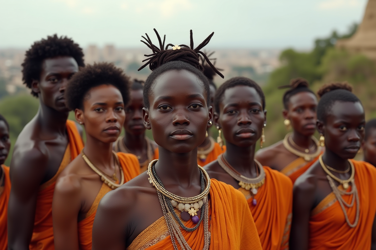 Groupe de Malgaches en tenue traditionnelle en plein air