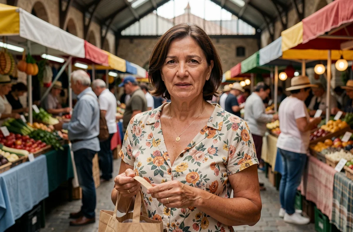 Habitante d'un quartier de Toulouse témoignant devant un marché local, expression authentique et naturelle