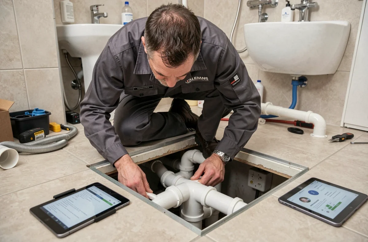 Spécialiste Hanotaux Plomberie au Mans inspectant un réseau de canalisations PVC sous le plancher d'une salle de bain