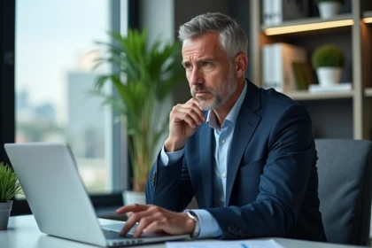 Homme d'affaires en costume analysant des graphiques au bureau