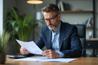 Homme d'affaires en costume bleu dans un bureau moderne