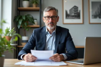 Homme d'affaires en costume bleu dans un bureau lumineux