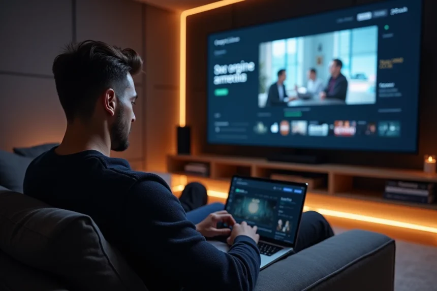 Homme consultant le blog Hdfever sur laptop dans une salle home-cinéma avec écran OLED et étagère de Blu-rays