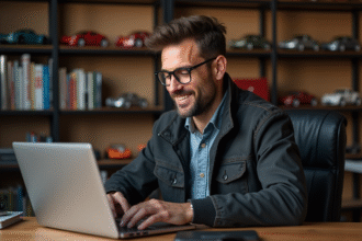 Homme concentré devant son ordinateur dans un bureau automobile