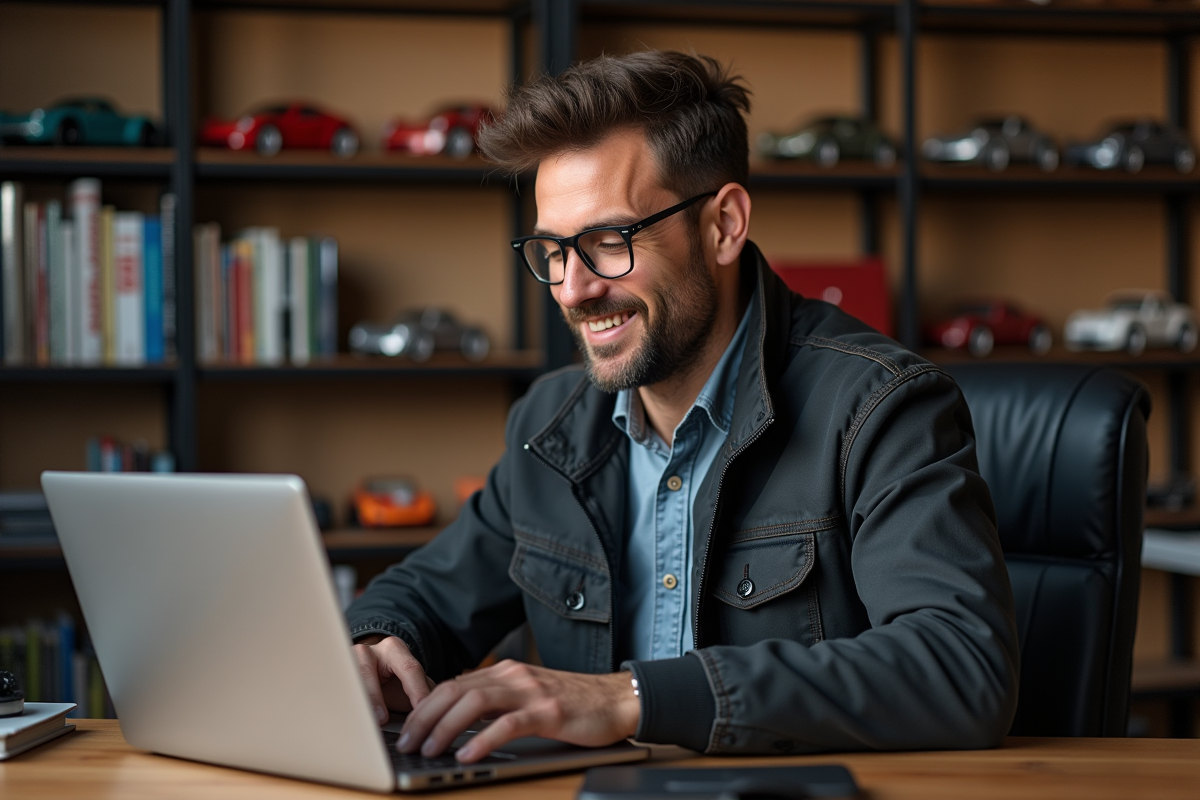 Homme concentré devant son ordinateur dans un bureau automobile