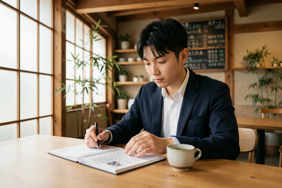 Jeune homme résolvant des mots croisés dans un café de Kyoto, Japon