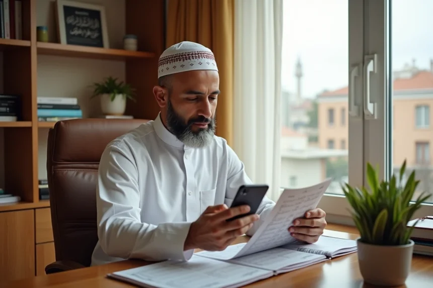 Homme consultant un calendrier des heures de prière islamique à son bureau à Annemasse