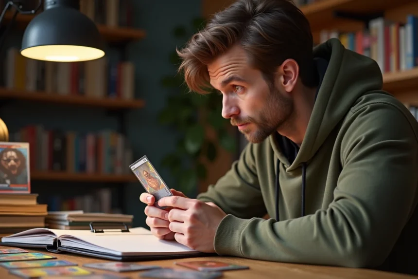 Homme examinant une carte holographique rare du set ETB Aventure Ensemble EV09 sur un bureau de collection