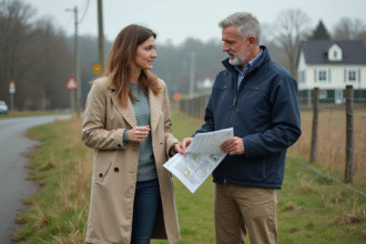 Homme en veste de travail pointant un marquage de limite rurale