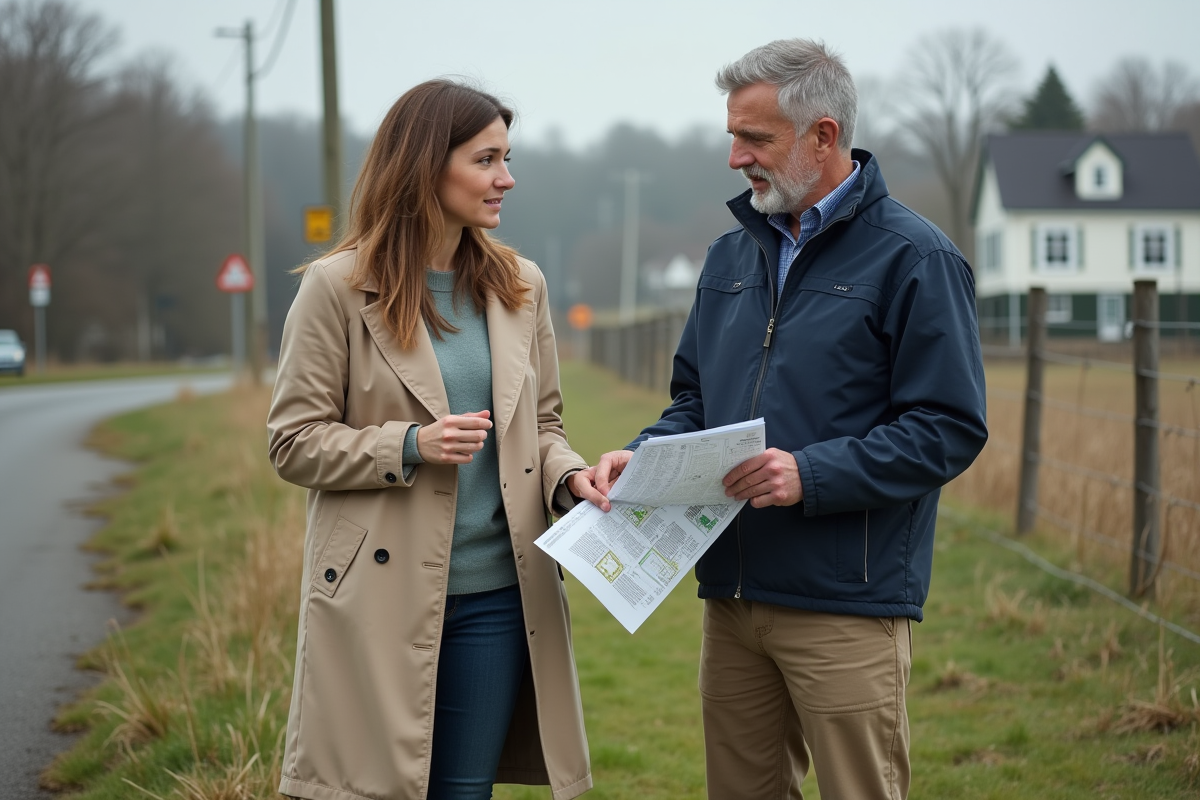Homme en veste de travail pointant un marquage de limite rurale