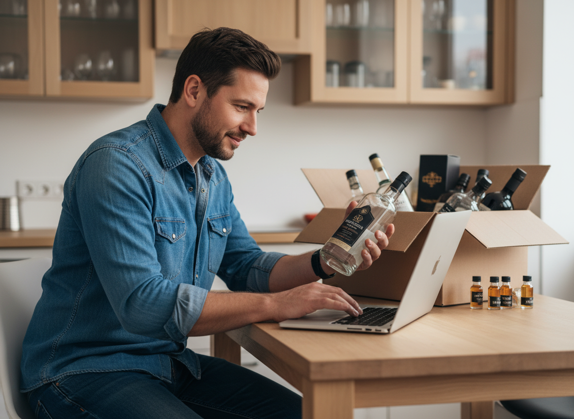 Homme en denim inspectant une bouteille de spiritueux
