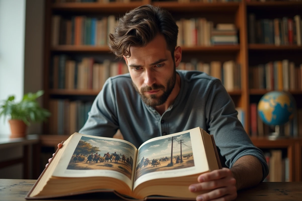 Un homme dans la trentaine étudie une reproduction du tableau American Progress de John Gast dans un livre d'histoire de l'art ouvert sur un bureau en bois dans une bibliothèque personnelle.