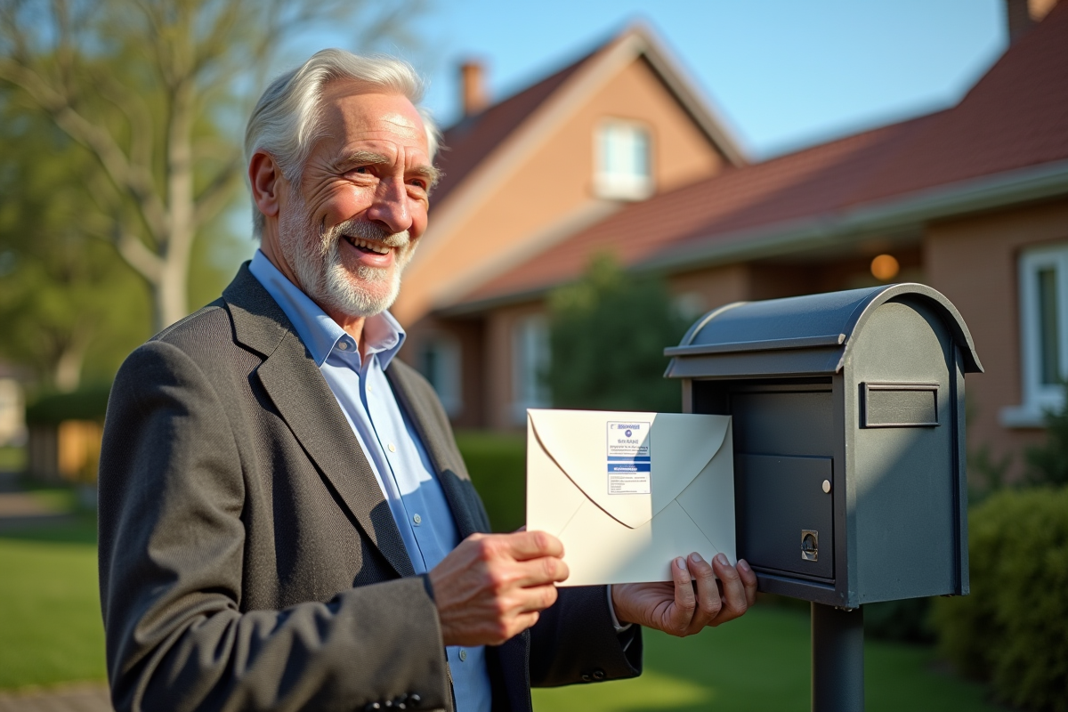 Homme âgé récupérant du courrier devant sa maison ensoleillée