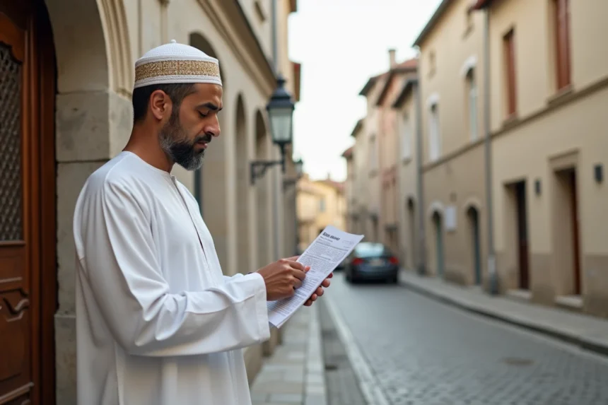 Homme consultant les heures de prière devant une mosquée de Compiègne au style architectural français