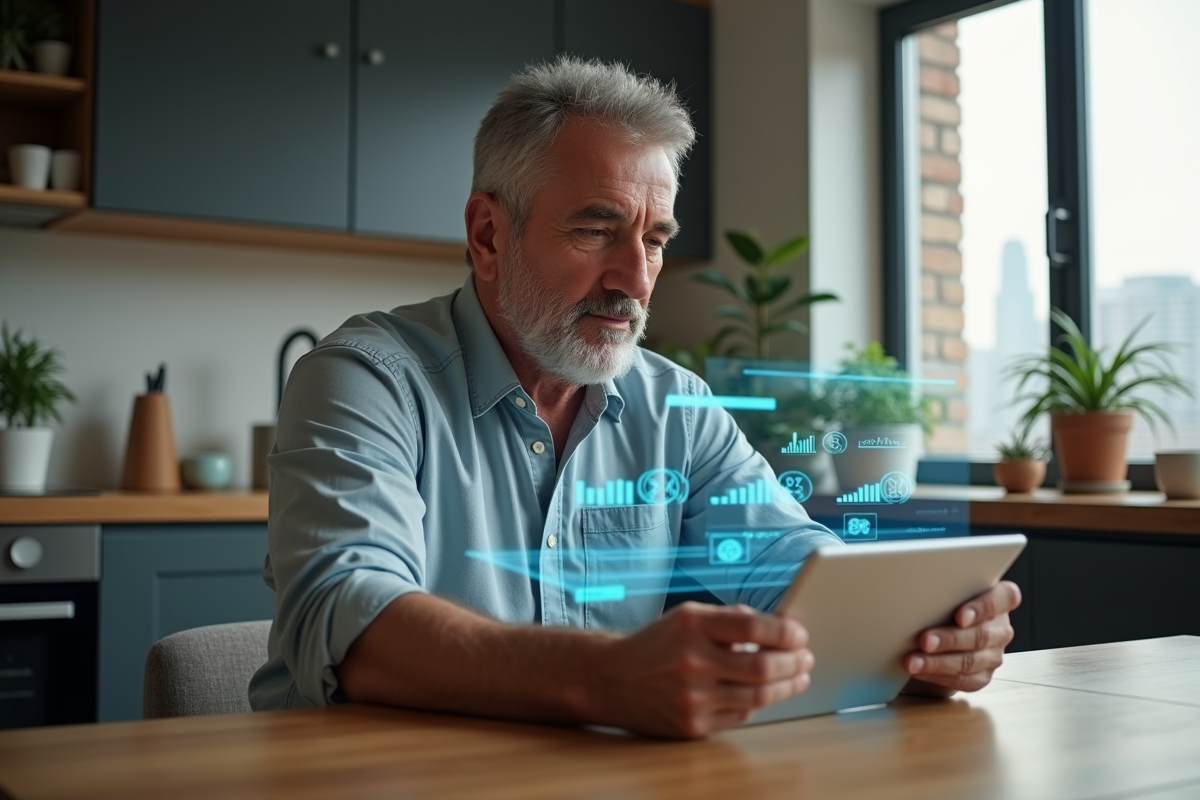 Homme utilisant une application bancaire holographique à la maison