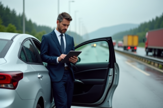 Homme d'affaires étudie un logbook numérique à côté d'une voiture hybride sur l'autoroute