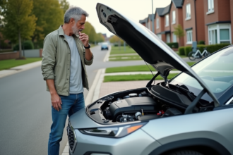 Homme moyenâgeux examinant le moteur d'une voiture hybride en banlieue