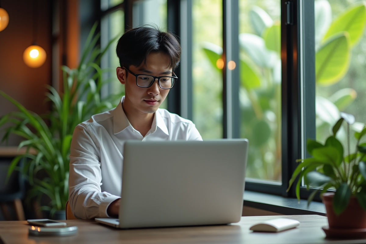 Homme avec lunettes utilisant un ordinateur dans un espace de coworking lumineux