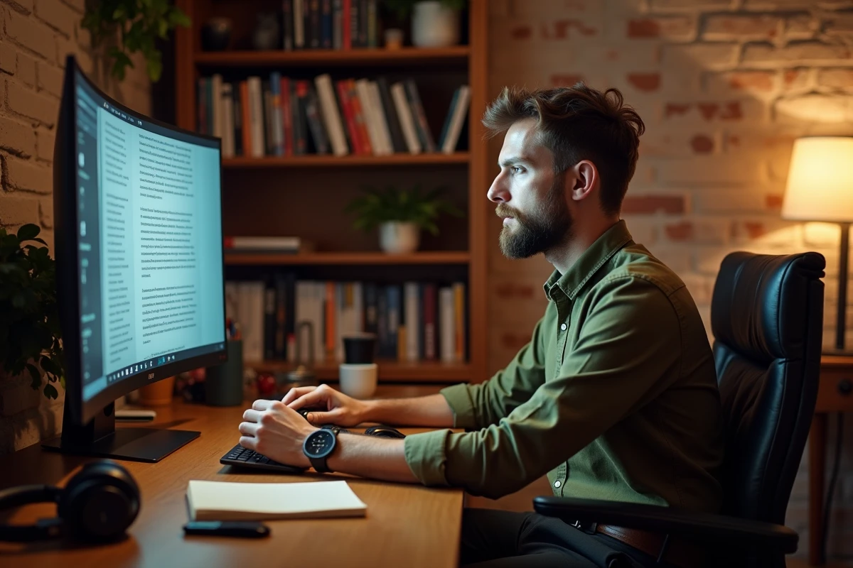 Homme lisant un article de blog home-cinéma sur écran incurvé dans un bureau cosy avec étagères de films et notes manuscrites