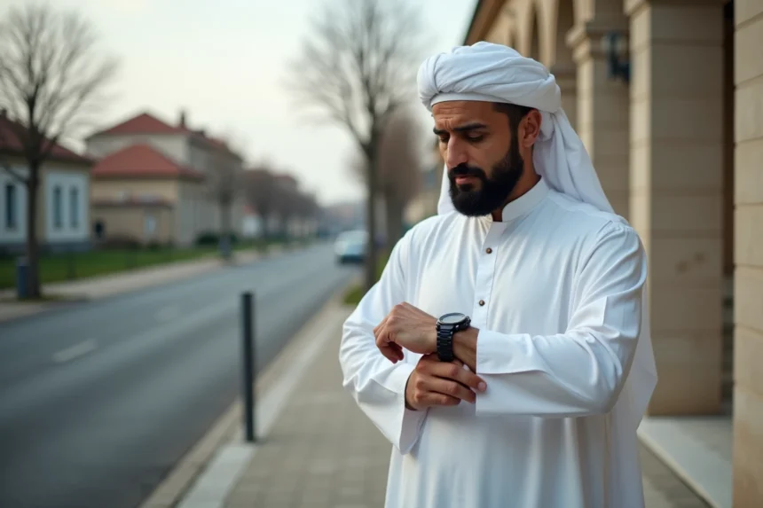 Homme musulman consultant les horaires de prière devant une mosquée de banlieue parisienne