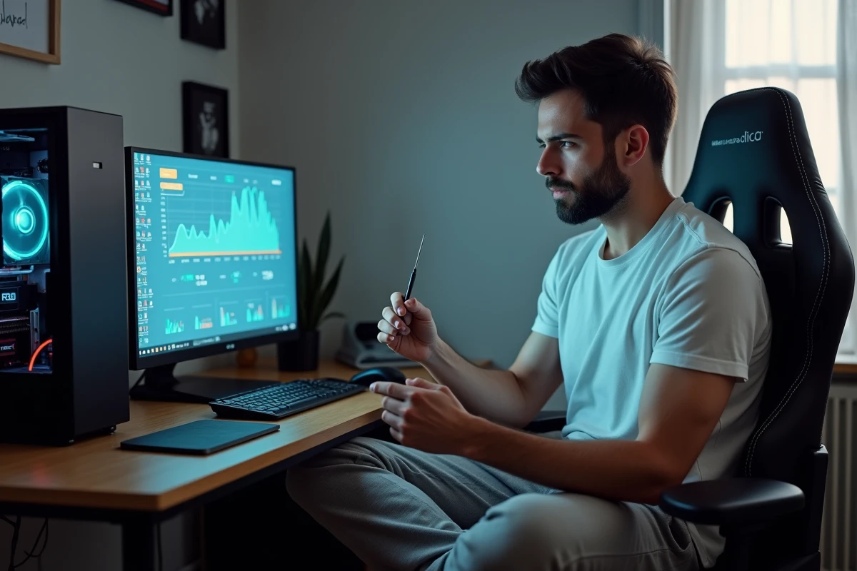 Homme optimisant les performances d'un PC de milieu de gamme avec le panneau latéral ouvert et un logiciel de gestion de mods affiché à l'écran