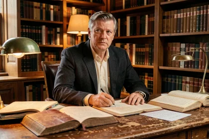 Homme pensif assis à un bureau en chêne entouré de livres anciens, évoquant la philosophie transcendantaliste de Ralph Waldo Emerson