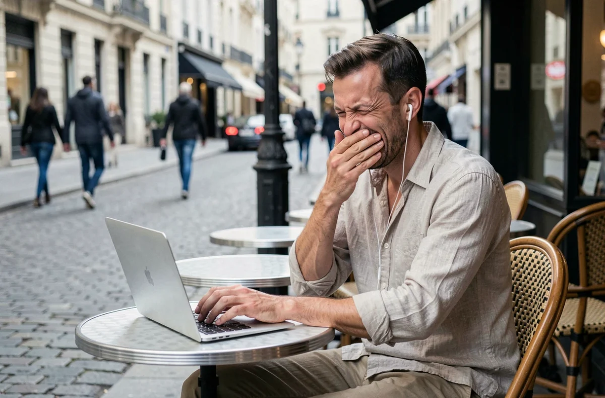 Homme seul qui rit discrètement en lisant une private joke sur son ordinateur en terrasse de café