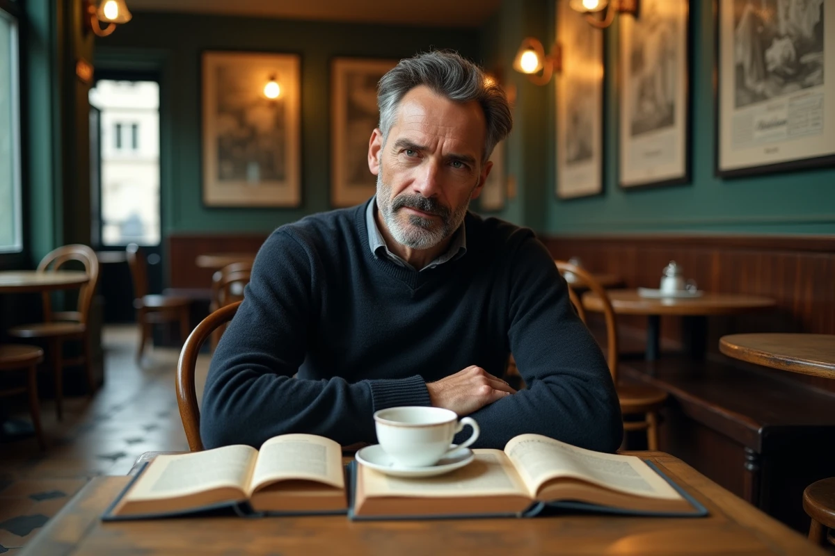 Homme entouré de romans historiques dans un café parisien vintage à l'atmosphère nostalgique