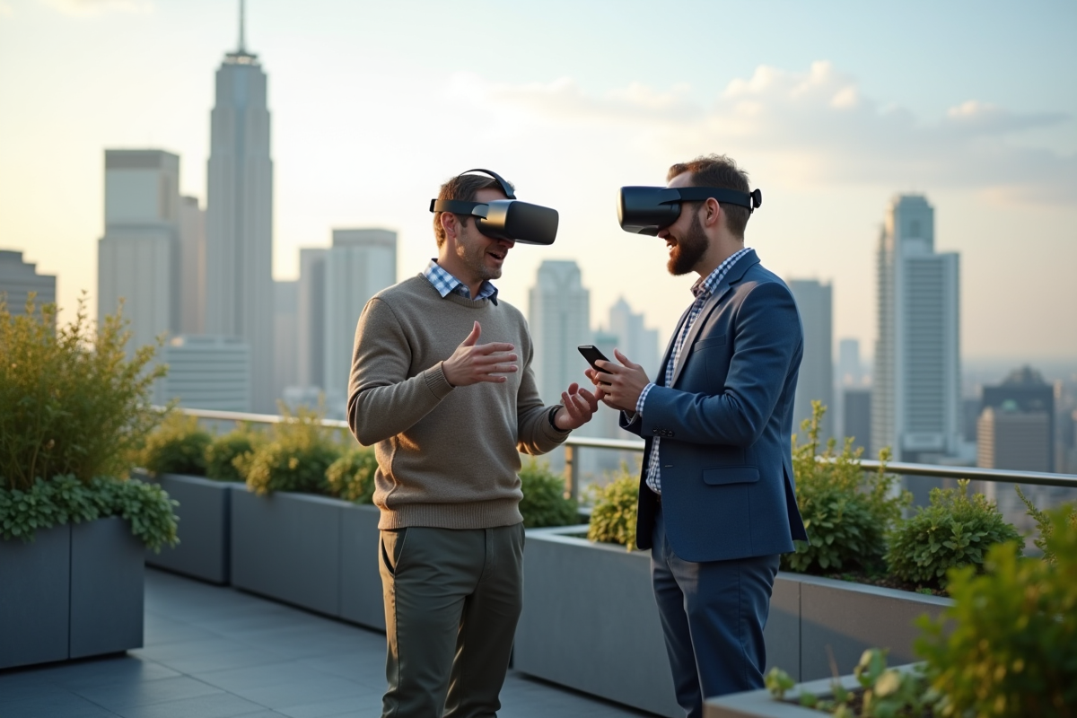 Homme discutant de realite augmentee sur un toit urbain