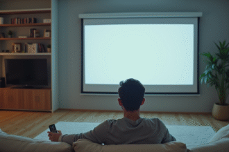 Homme en casual moderne baisse un ecran motorise dans un salon cosy