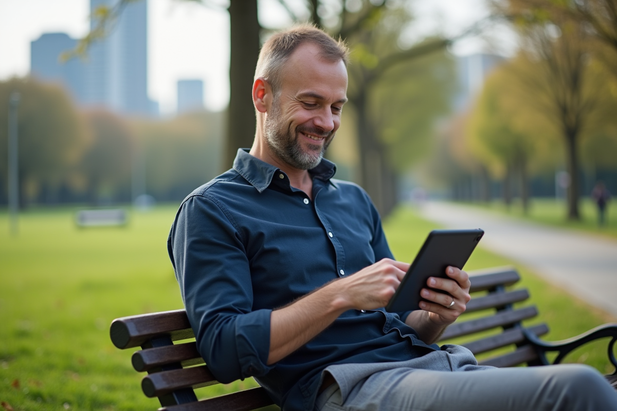 Homme détendu utilisant une tablette dans un parc urbain