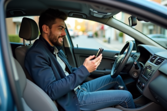 Homme en voiture citadine regardant son smartphone