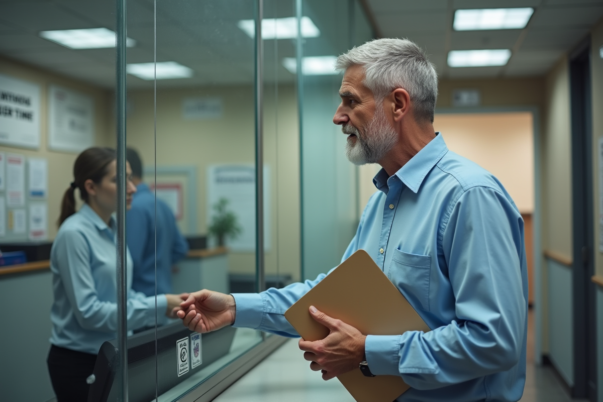 Homme remettant un dossier à un guichet administratif