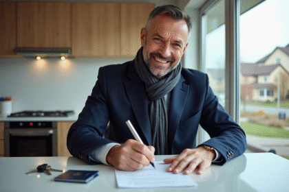 Homme français signant des documents dans une cuisine lumineuse