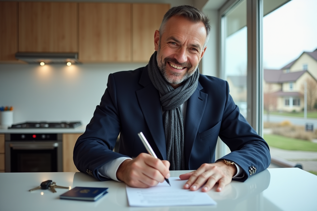 Homme français signant des documents dans une cuisine lumineuse