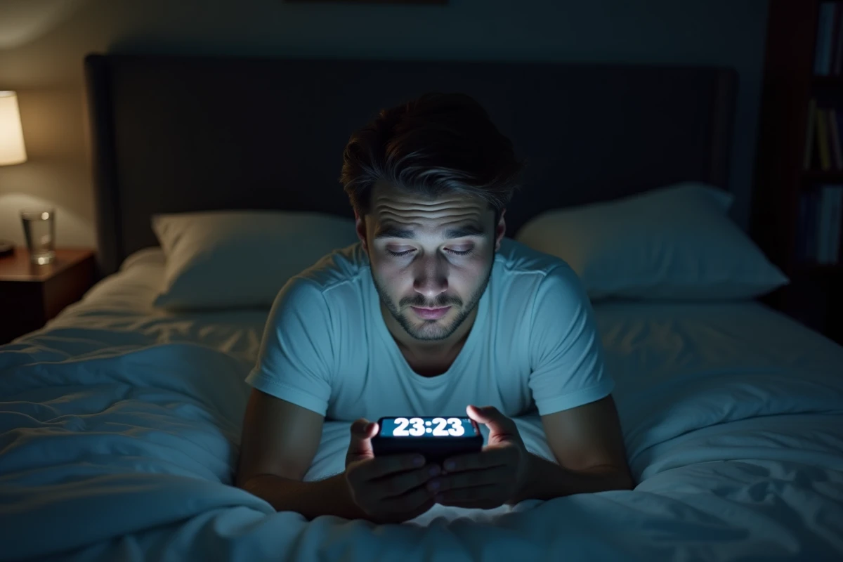 Homme allongé la nuit observant 23h23 sur son smartphone, illustration de la signification des heures miroirs et du hasard numérique