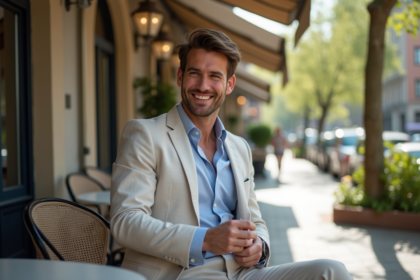 Homme élégant en costume léger dans un café en ville