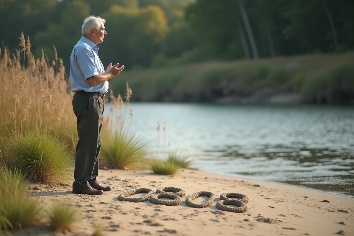 Homme méditant près de la rivière avec chiffres dans le sable