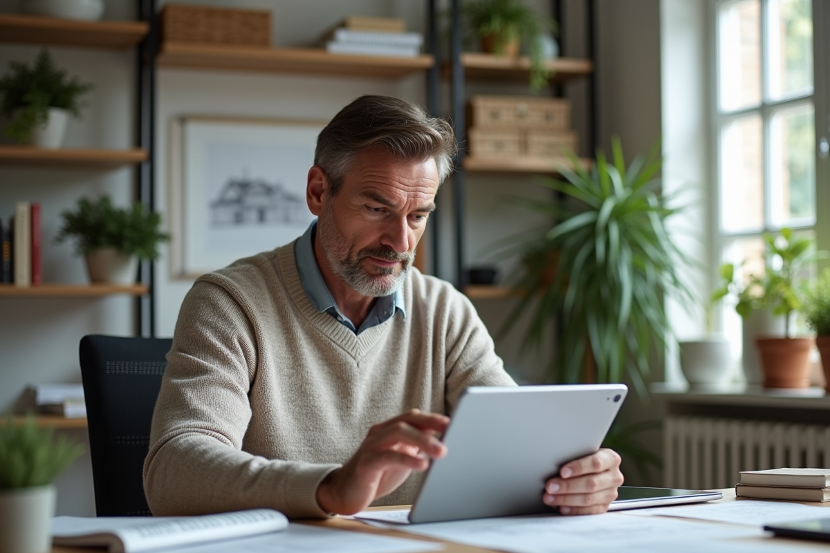 Homme d'âge moyen examine un modèle 3D immobilier sur une tablette