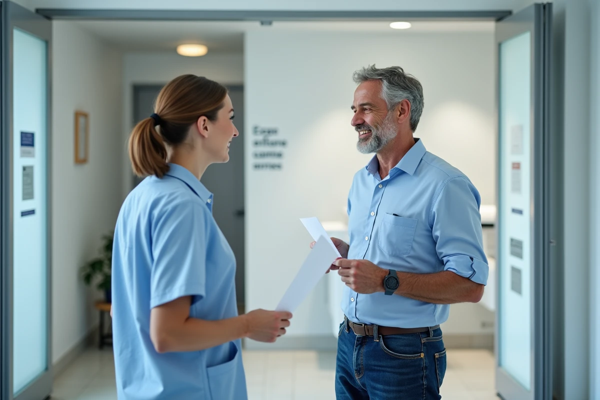 Homme parlant avec technicien en radiologie devant MRI