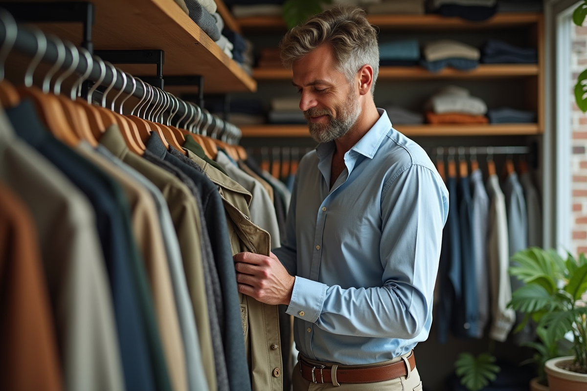 Homme examinant un trench vintage dans une boutique de seconde main