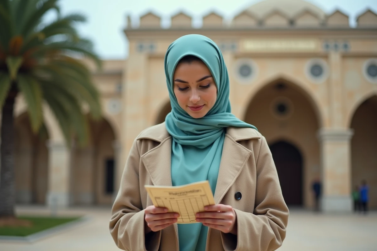 Femme musulmane consultant un calendrier des heures de prière devant la mosquée de Montpellier